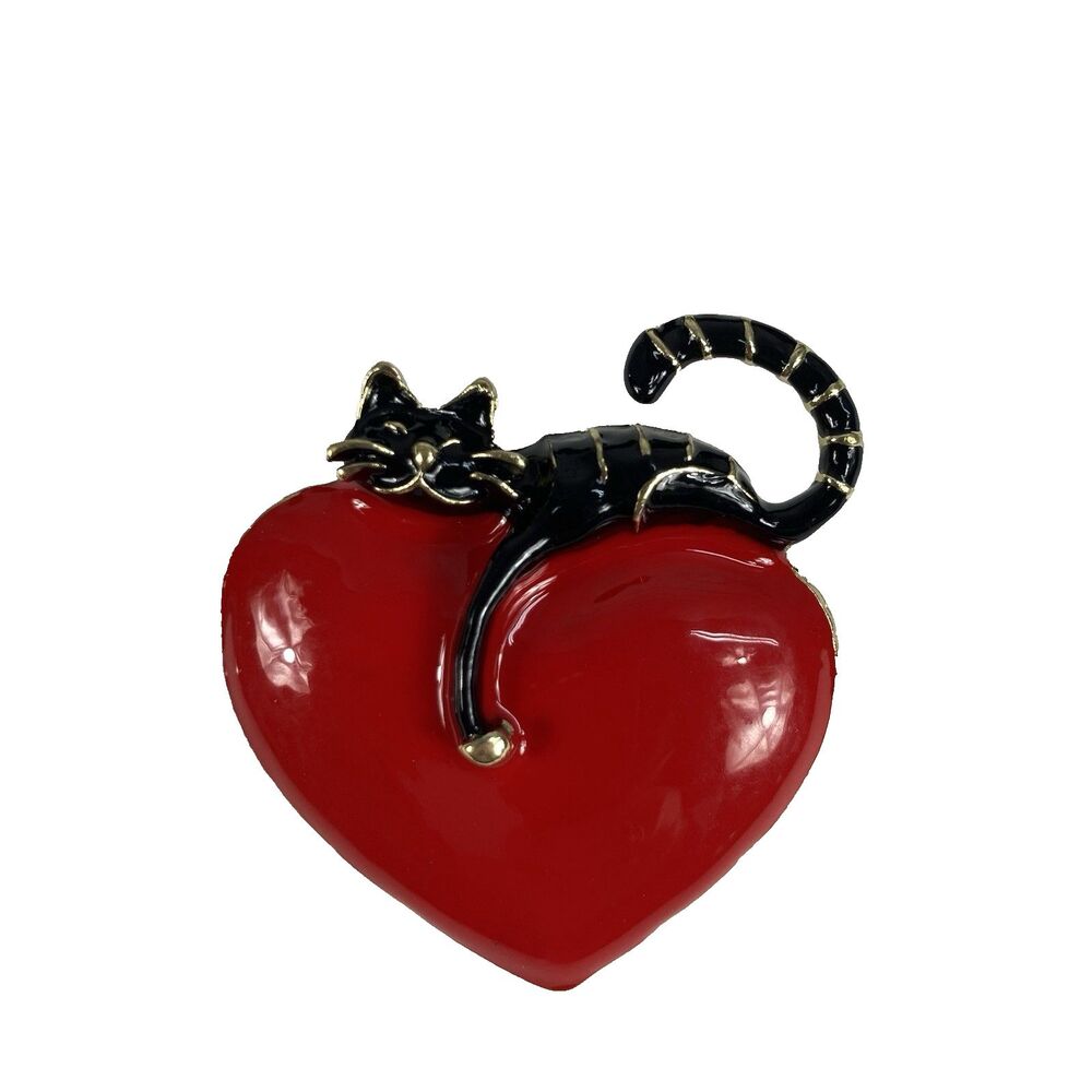 Gold Tone And Black Striped Sleeping Cat Laying On A Red Heart Brooch Lapel Pin